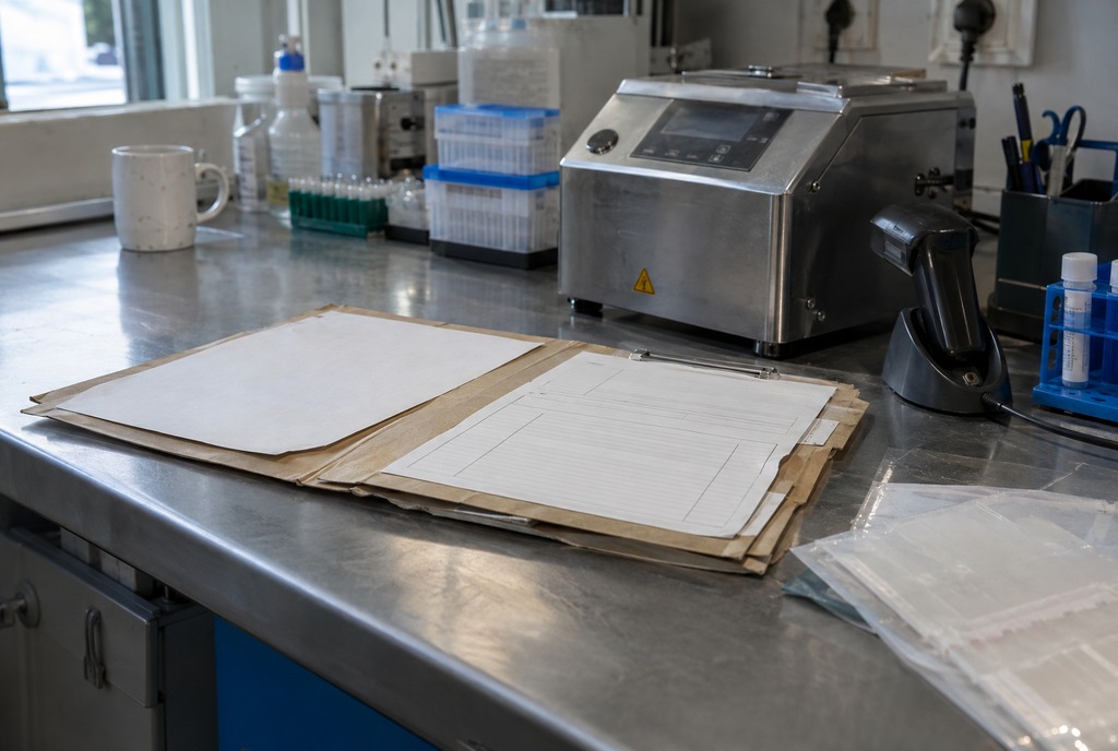 A bound off-white dossier with a kraft spine standing upright, spine to camera, on a stainless bench