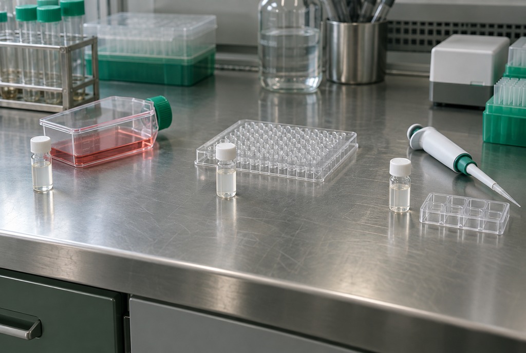 Top-down view of a stainless rack of clear vials with aluminium caps on a stainless bench