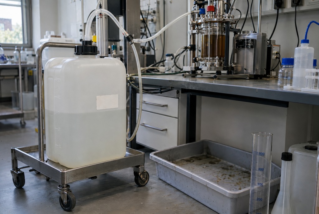 A white pharma-grade HDPE carboy labelled EMPTIED EXOSOMES with a lot number, alone on a stainless bench against a white laboratory wall