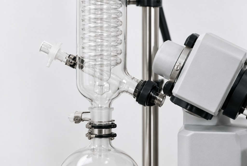 Detail of the glass condenser coil of the rotary evaporator and the ground glass joint to the receiving flask