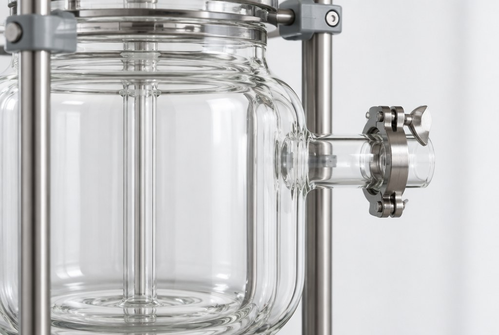 Detail of the double glass wall of the jacketed reactor, the inner vessel visible through the outer jacket, a jacket inlet fitting with its clamp