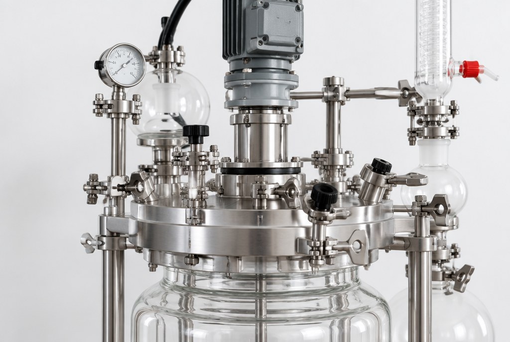 Detail of the stainless steel lid of the reactor: ports with clamps, the stirrer shaft seal, a small vacuum gauge