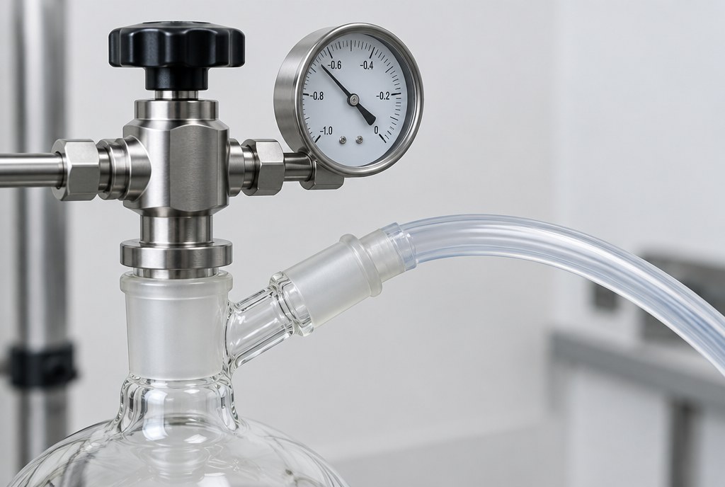 Detail of a vacuum line: stainless valve, analogue vacuum gauge and clear tubing on a ground glass port