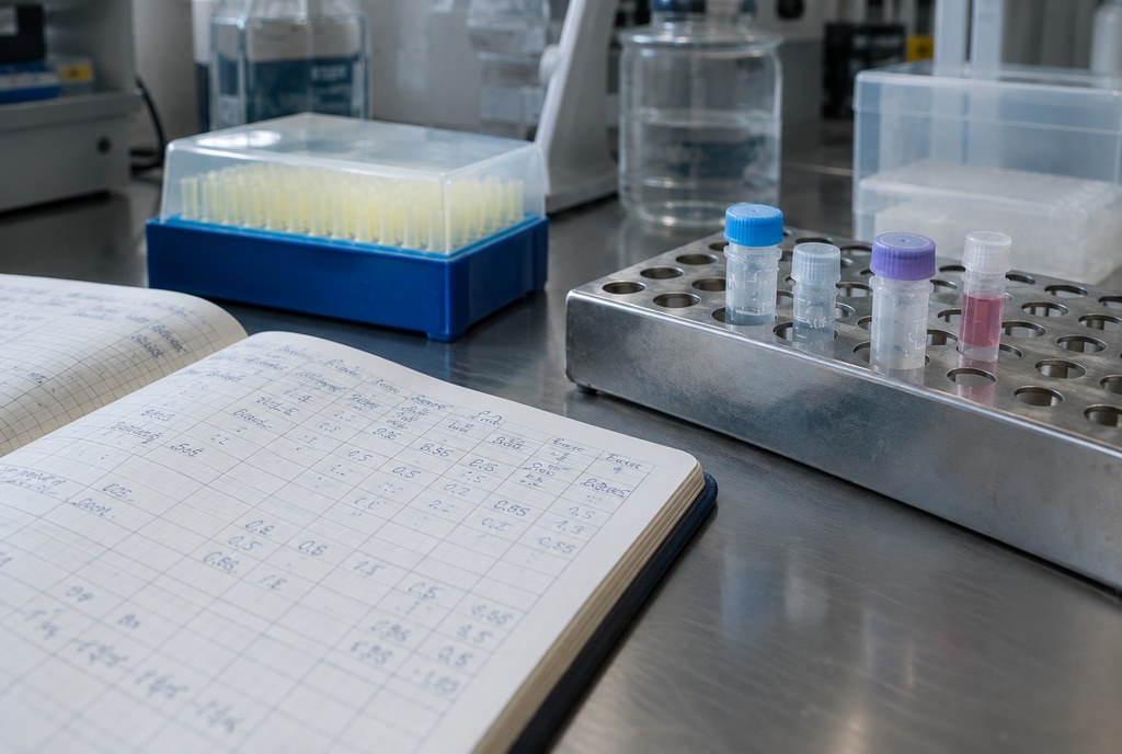 A printed label reading CD63+ EXOSOMES LOT 0417 beside its roll of blank labels on a stainless bench