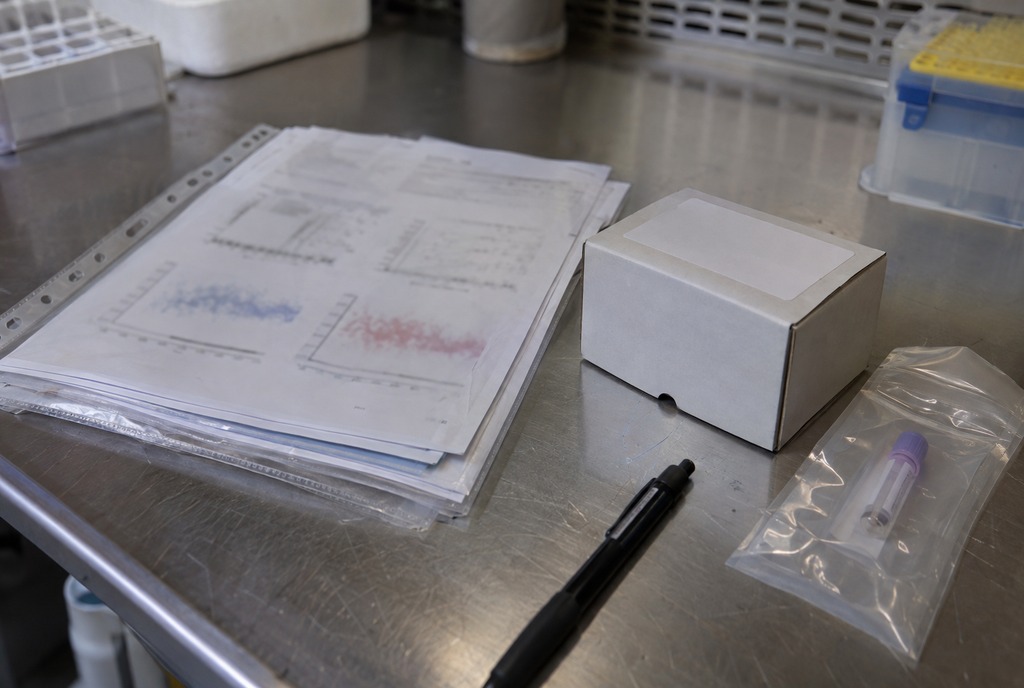 A closed off-white binder labelled FEASIBILITY DATA PACKAGE on a stainless bench, 1 clear vial standing beside it
