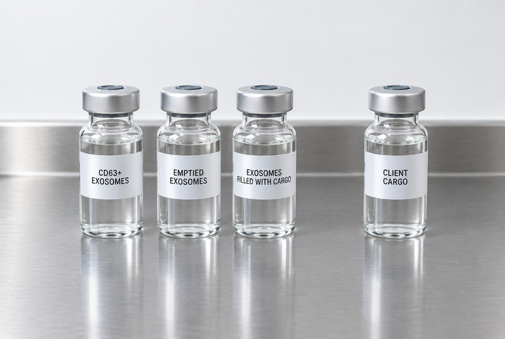4 clear vials with aluminium caps on a stainless bench, labelled CD63+ EXOSOMES, EMPTIED EXOSOMES, EXOSOMES FILLED WITH CARGO, and CLIENT CARGO set apart