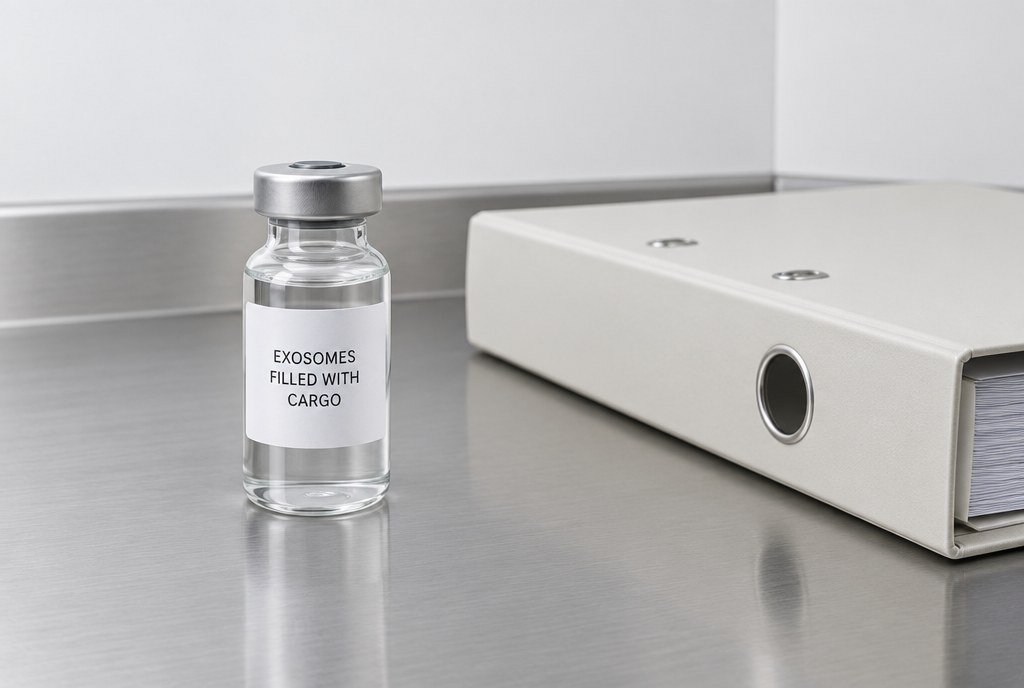 A clear vial labelled EXOSOMES FILLED WITH CARGO beside a closed off-white binder on a stainless bench